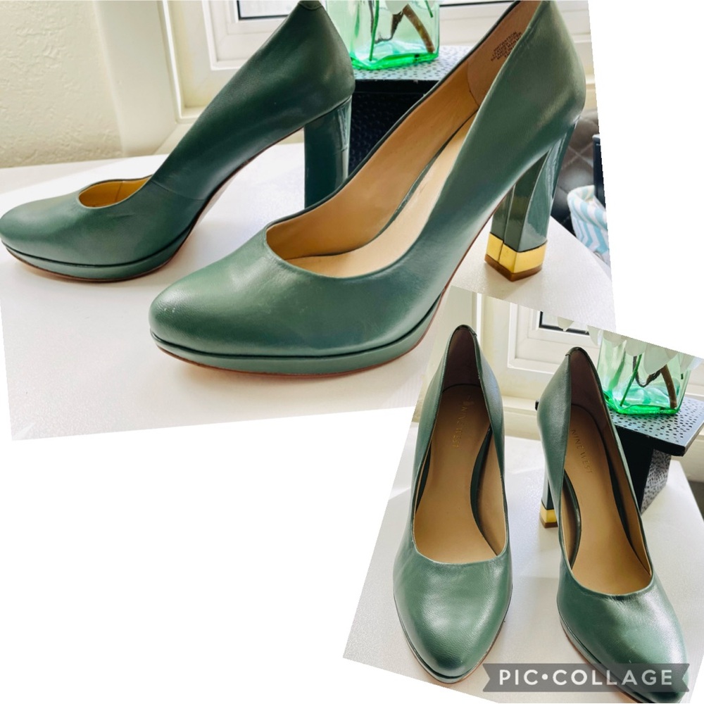 Nine West Green leather with chunky Gold Accent heel